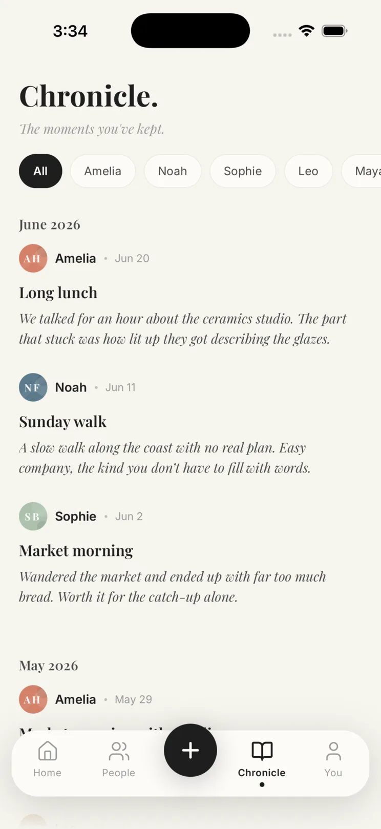The Chronicle screen — dated moments kept privately, newest first.