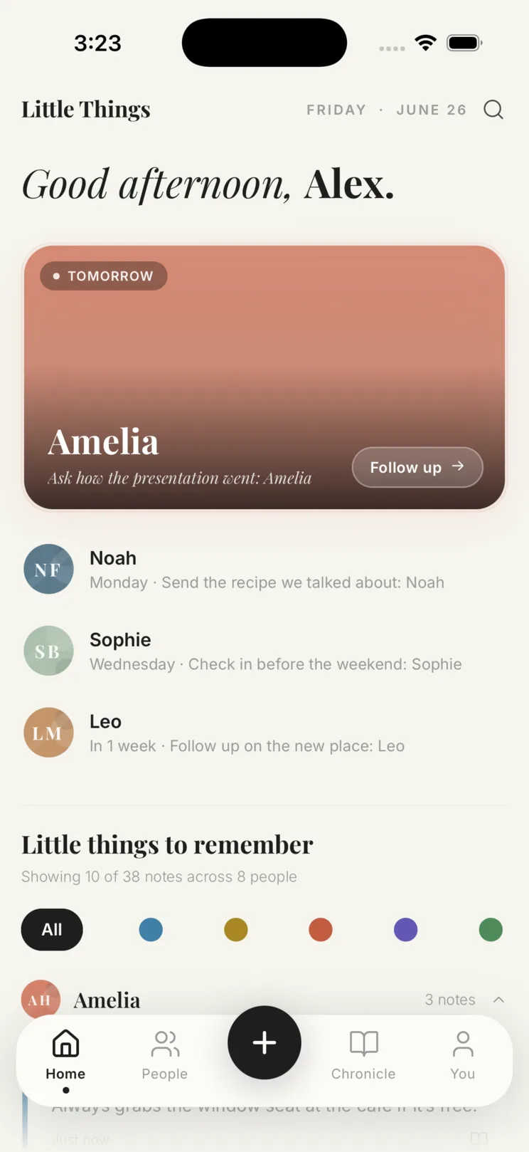 The Little Things home screen — a warm greeting and a gentle nudge to reach out to someone who's gone quiet.
