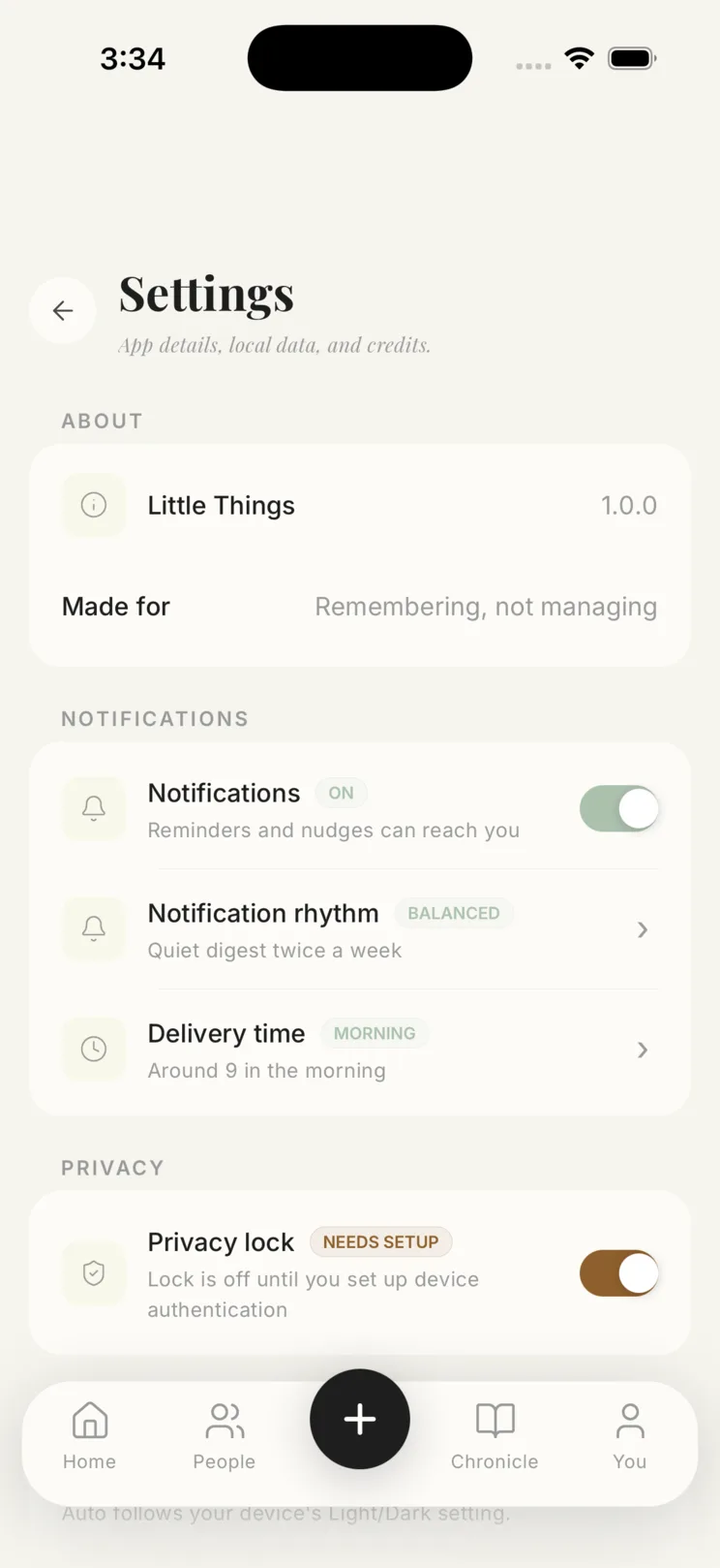 Settings — the privacy lock and local-only controls that keep everything on your device.
