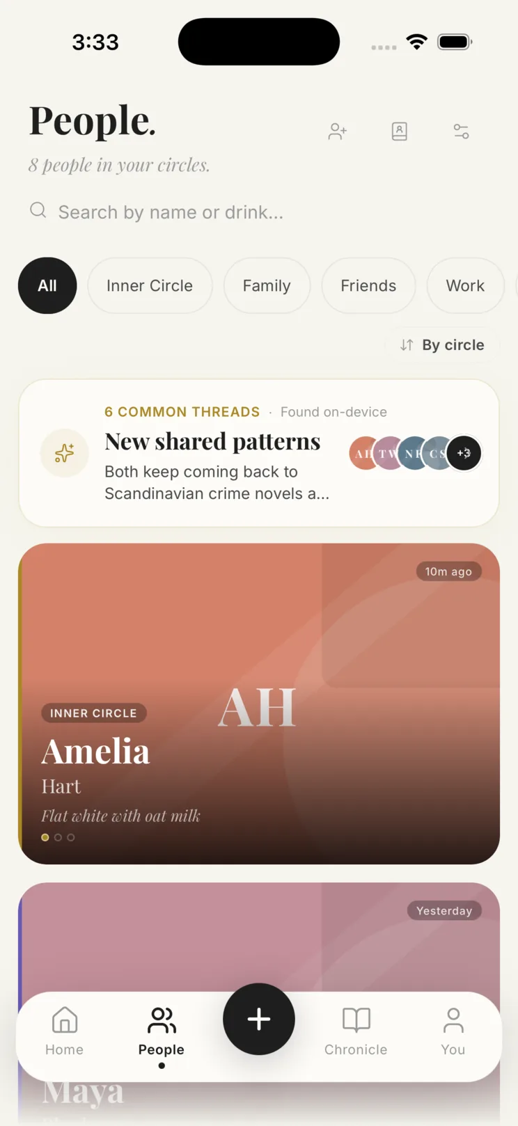 The People screen — your handful of people, grouped into circles.