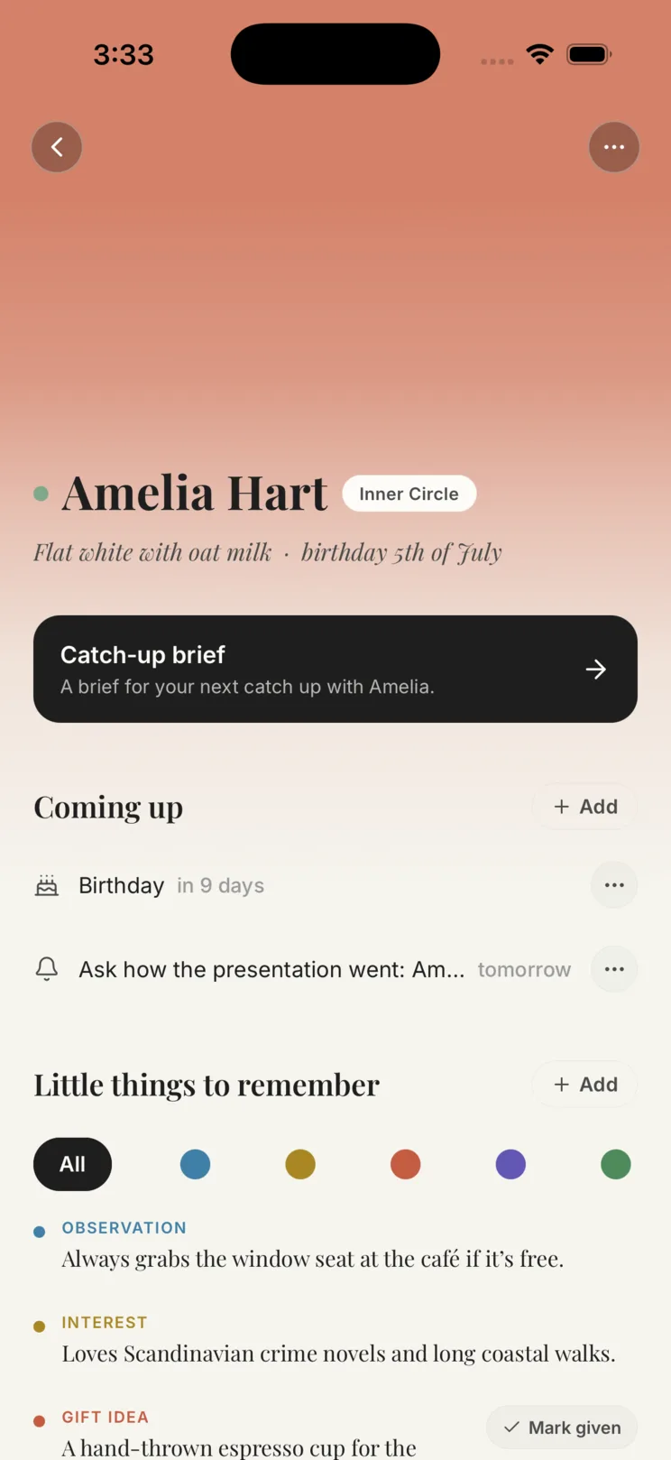 A person's page — their glints, catch-up notes, chronicle, and gift ideas, gathered in one place.