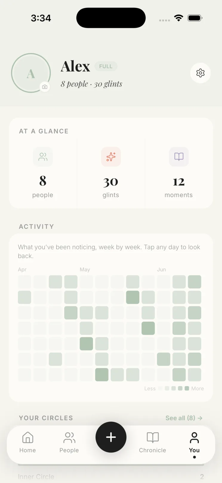 The You screen — an activity heatmap and your attention across circles, shown as reflection rather than a score.